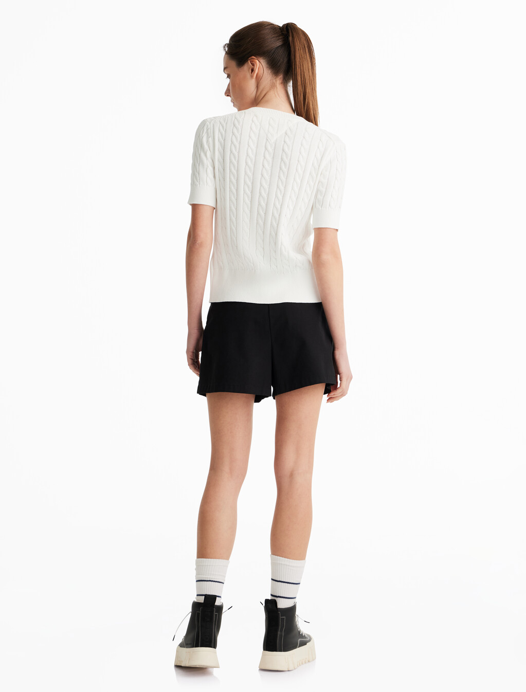 Cable Knit Short Sleeve Cardigan, Ecru, hi-res