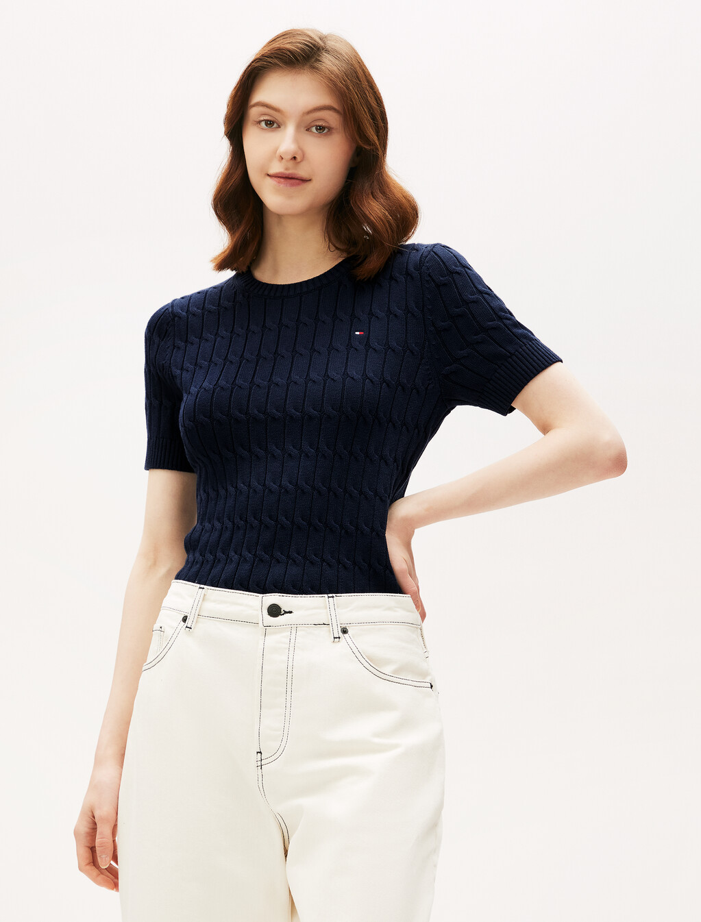 Cable Knit Short Sleeve Jumper, Dark Night Navy, hi-res