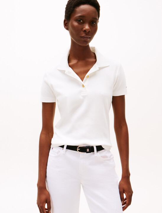 Gold-Tone Button Slim Polo Shirt
