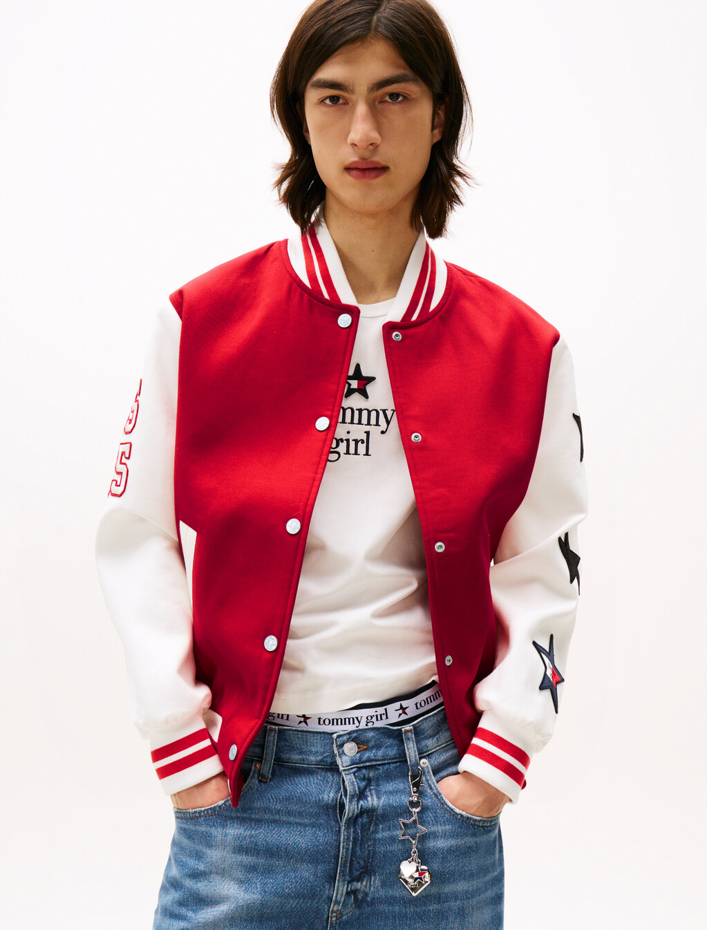 Tommy Girl Back Logo Oversized Varsity Jacket, Primary Red / Ecru, hi-res