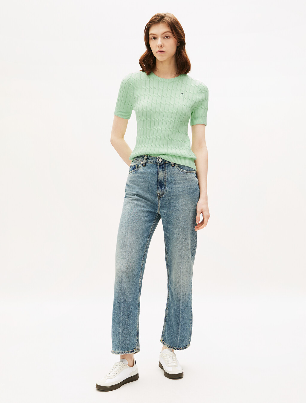Cable Knit Short Sleeve Jumper, Opal Green, hi-res