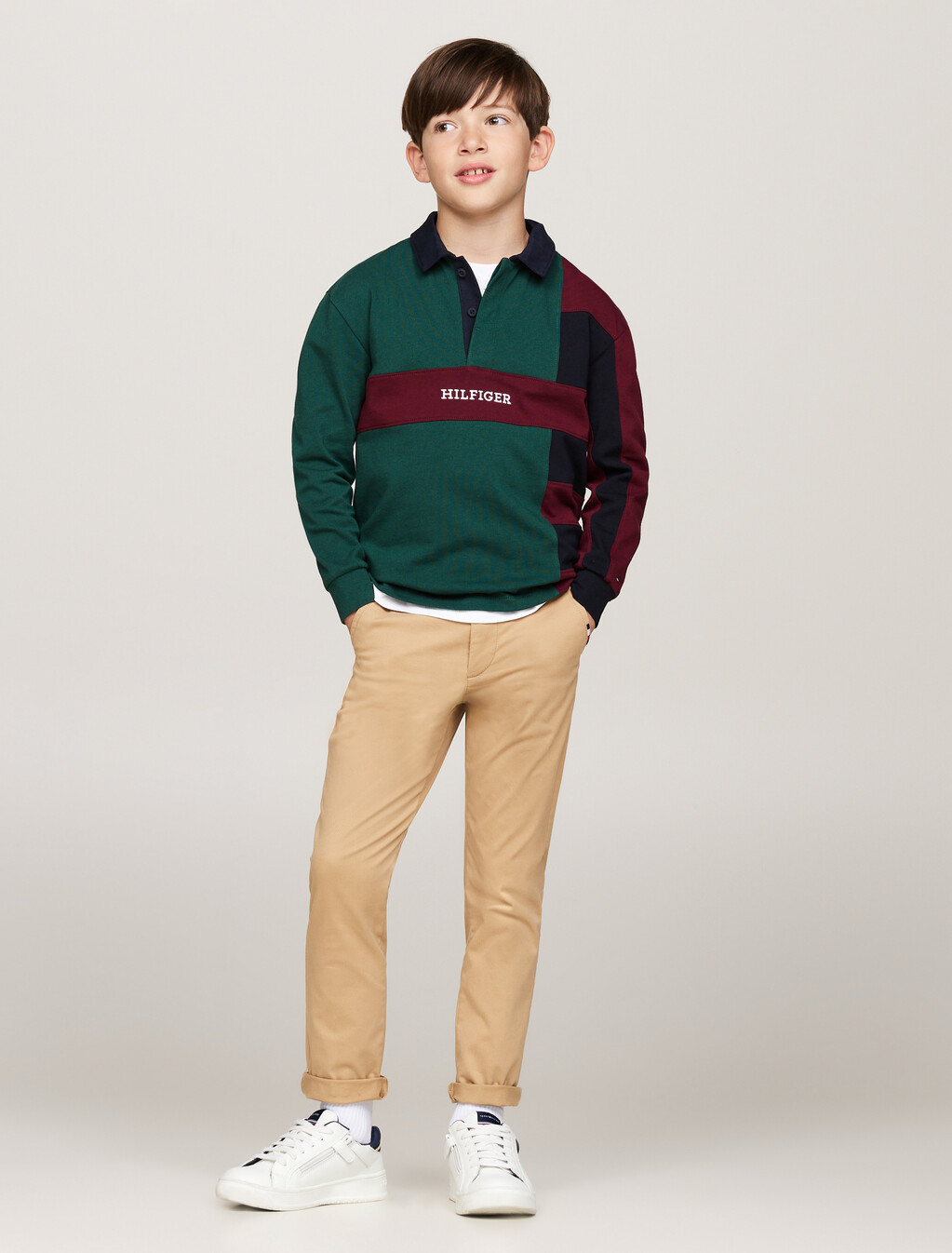 拼色長袖標準版型 Polo 衫, Ornamental Green / Rouge / Blue, hi-res