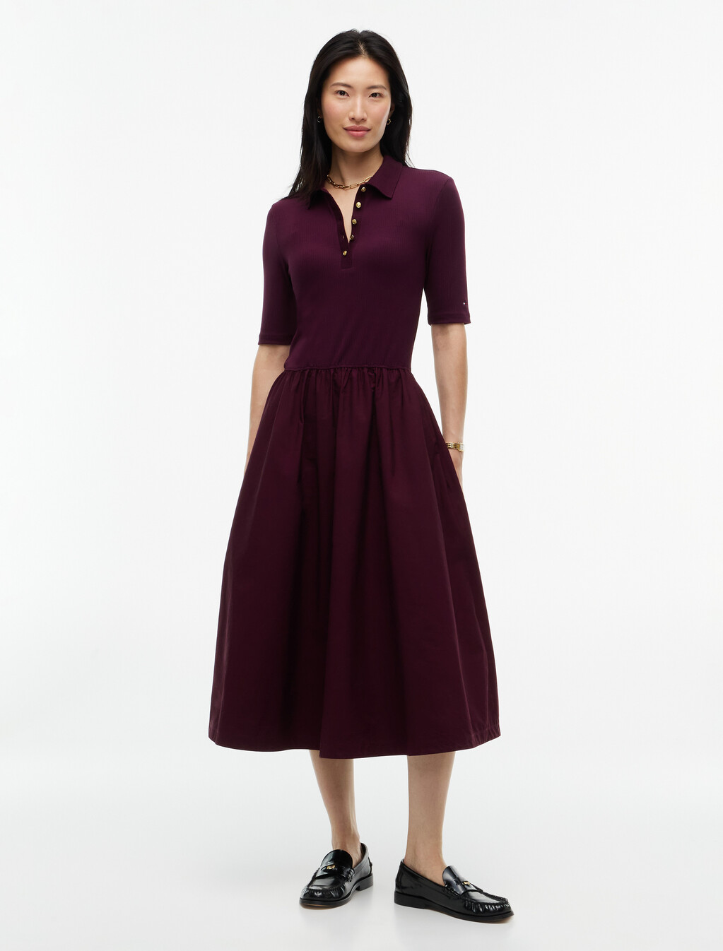 Midi Fit And Flare Polo Dress, Deep Burgundy, hi-res