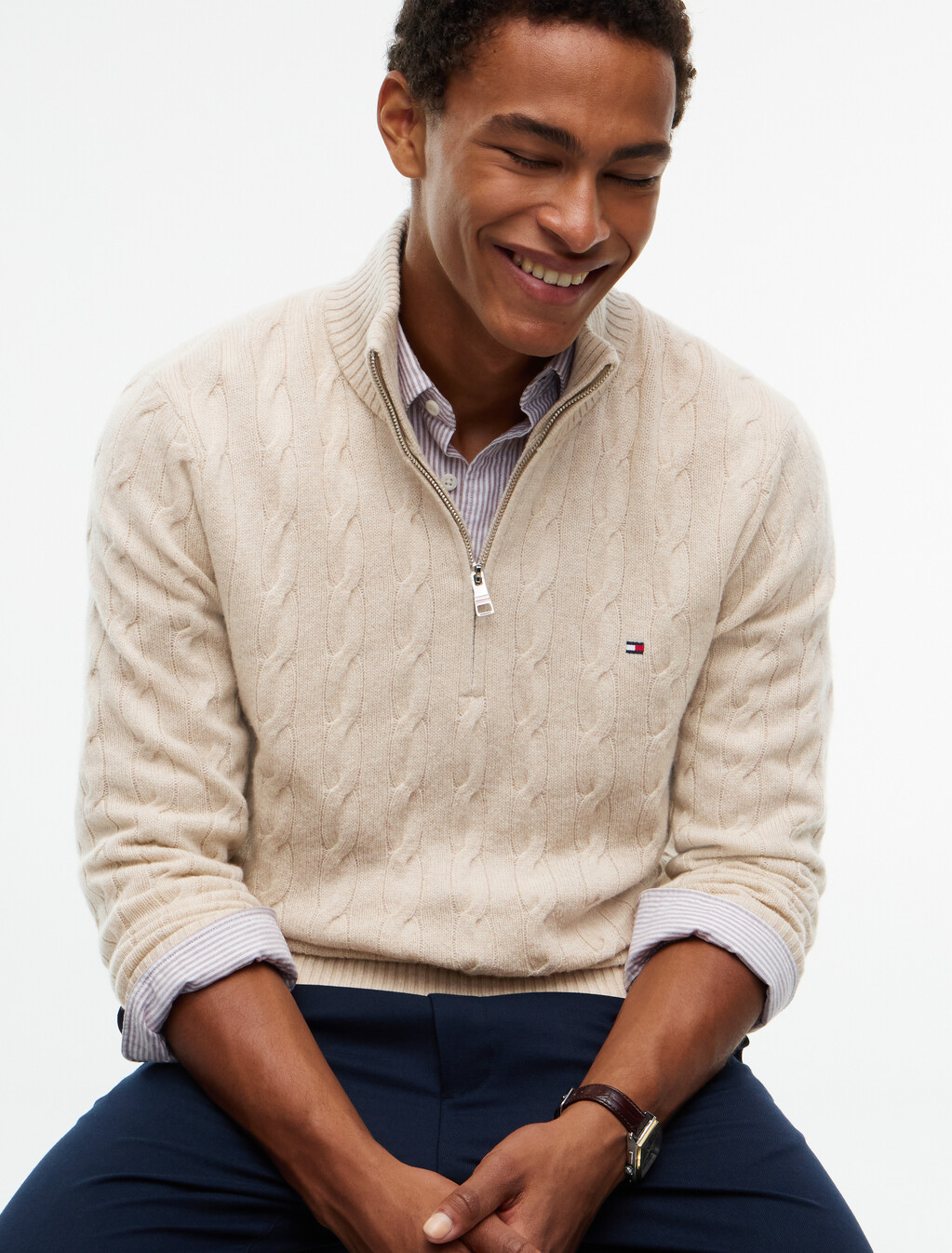 Pure Lambswool Cable Knit Quarter-Zip Jumper, Heathered Oatmilk, hi-res