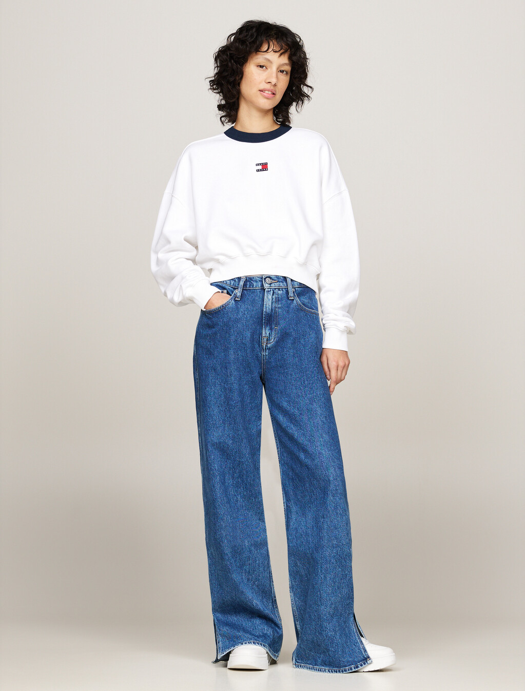 Oversized Cropped Contrast Neckline Sweatshirt, White, hi-res