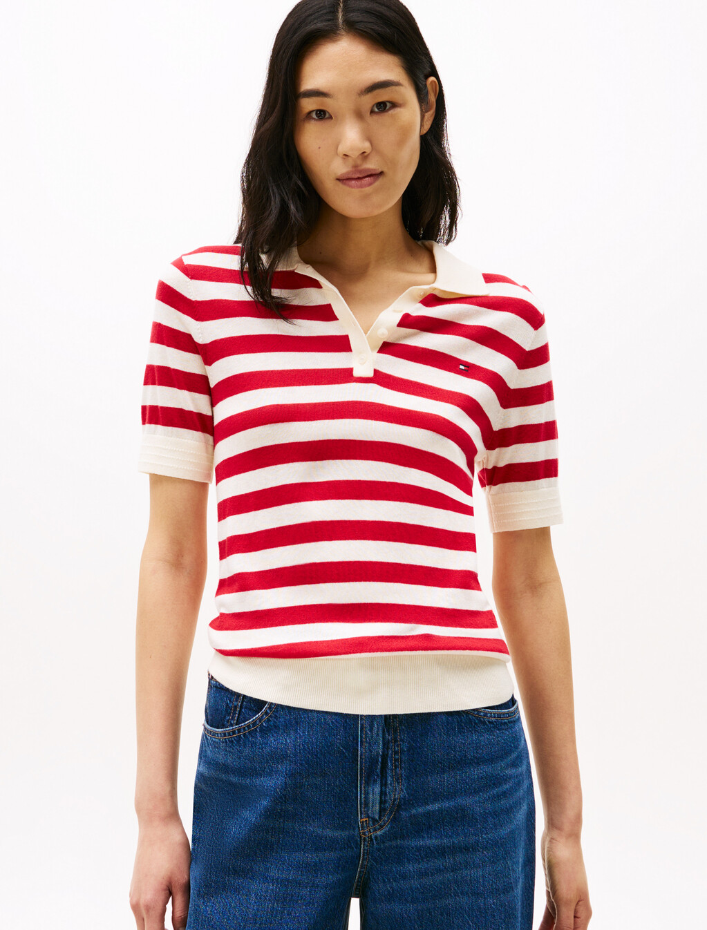 Short Sleeve Polo Collar Jumper, White Stripe 10, hi-res