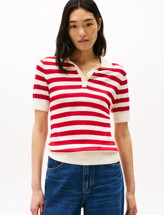 Short Sleeve Polo Collar Jumper, White Stripe 10 Short Sleeve Polo Collar Jumper
