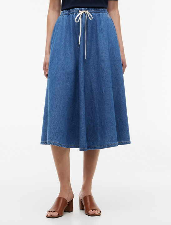 Logo Relaxed Denim Flared Midi Skirt