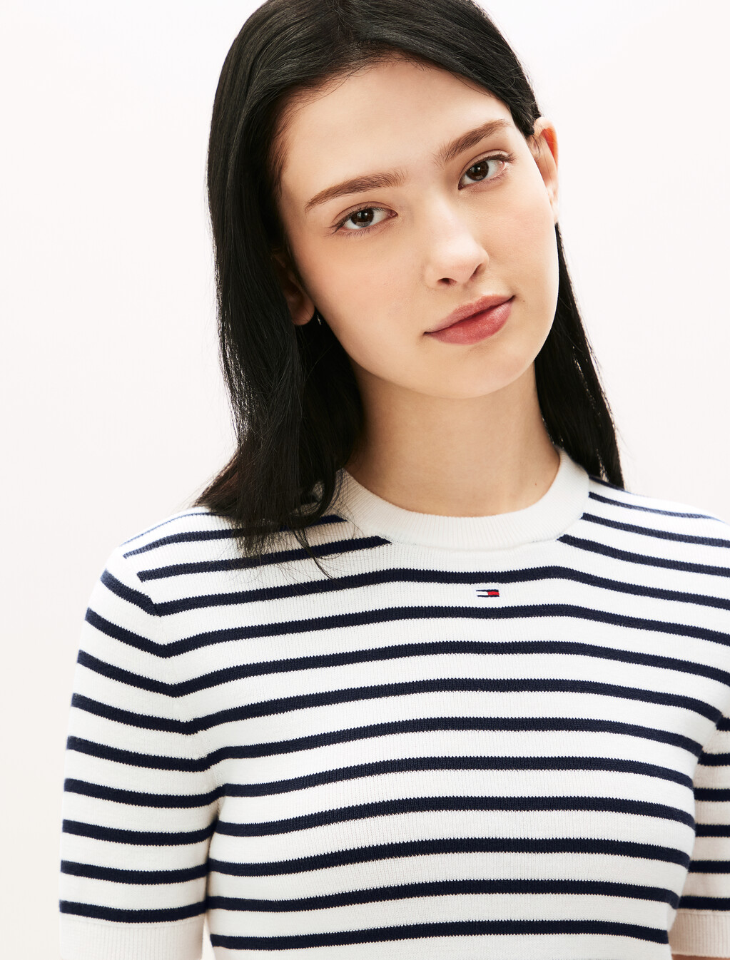 Essential Stripe Short Sleeve Sweater, White/Navy Stripe, hi-res