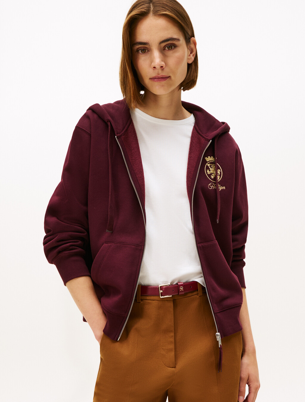 TH Crest Embroidery Gold-Tone Zip-Thru Hoody, Deep Burgundy, hi-res