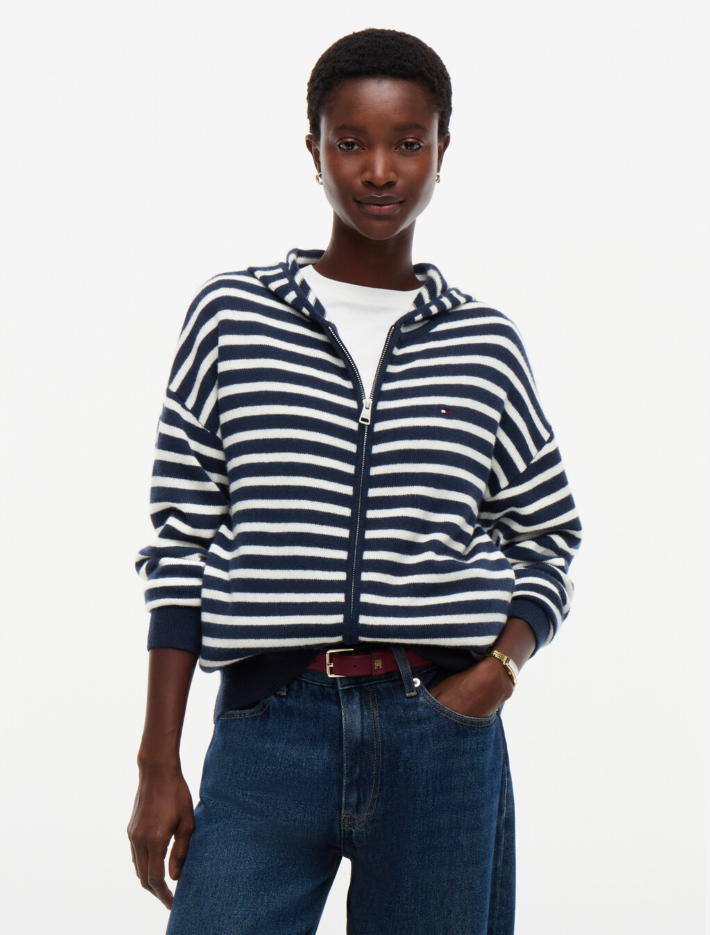 Pure Wool Slim Zip-Thru Hooded Jumper, Stripe Dark Blue / Ecru, hi-res