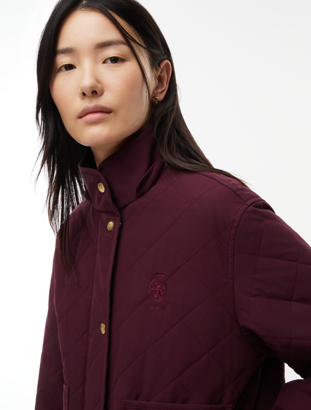 Crest Embroidery Square Quilted Hooded Jacket, Deep Burgundy, hi-res