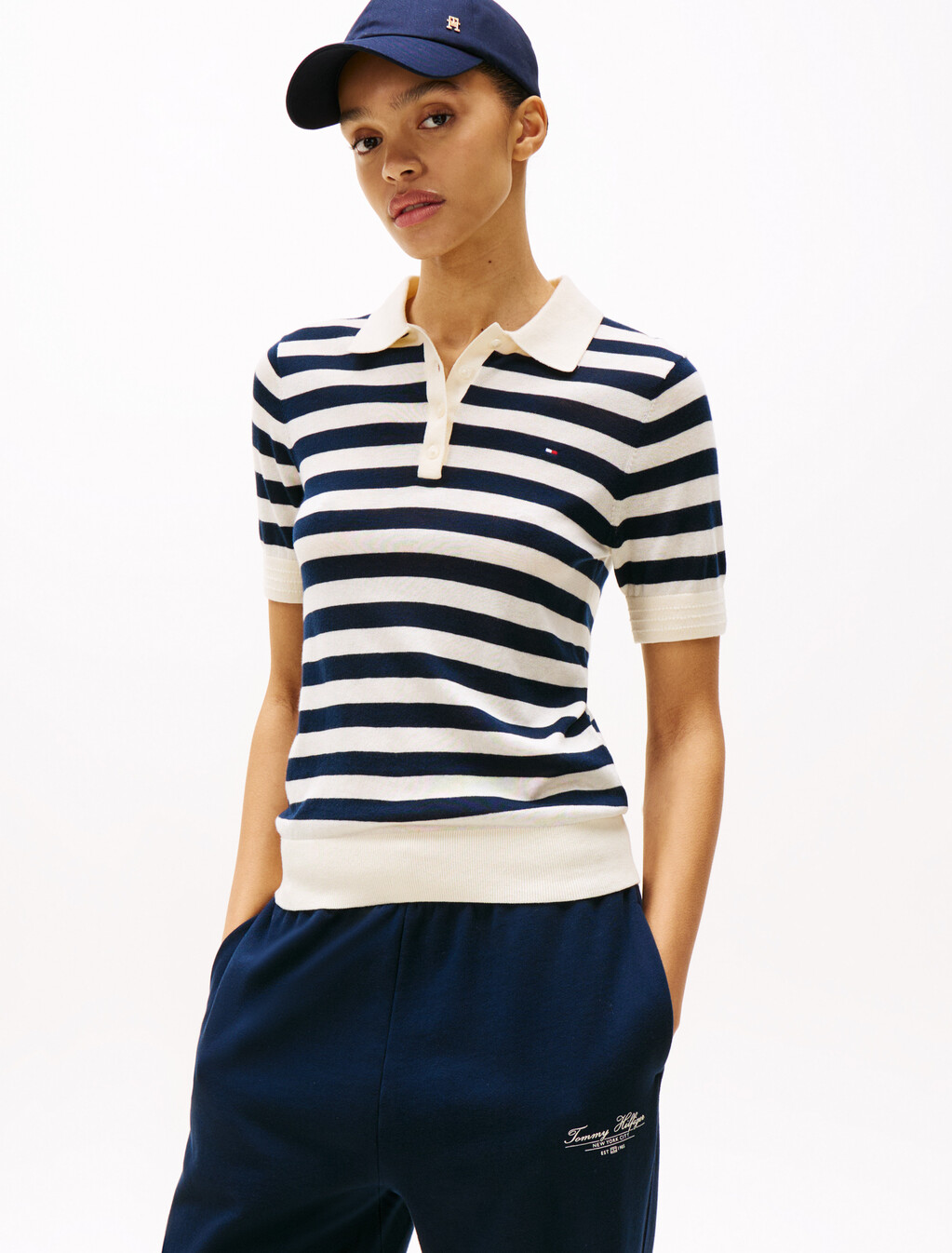 Short Sleeve Polo Collar Jumper, Calico/Dark Night Navy Stp, hi-res
