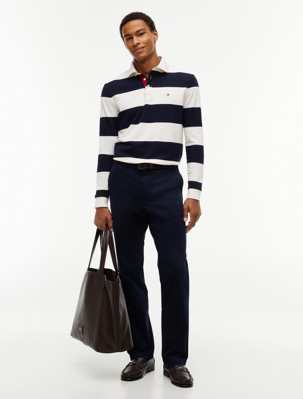 Rugby Stripe Long Sleeve Polo Shirt, Ivory Petal / Navy Blue, hi-res