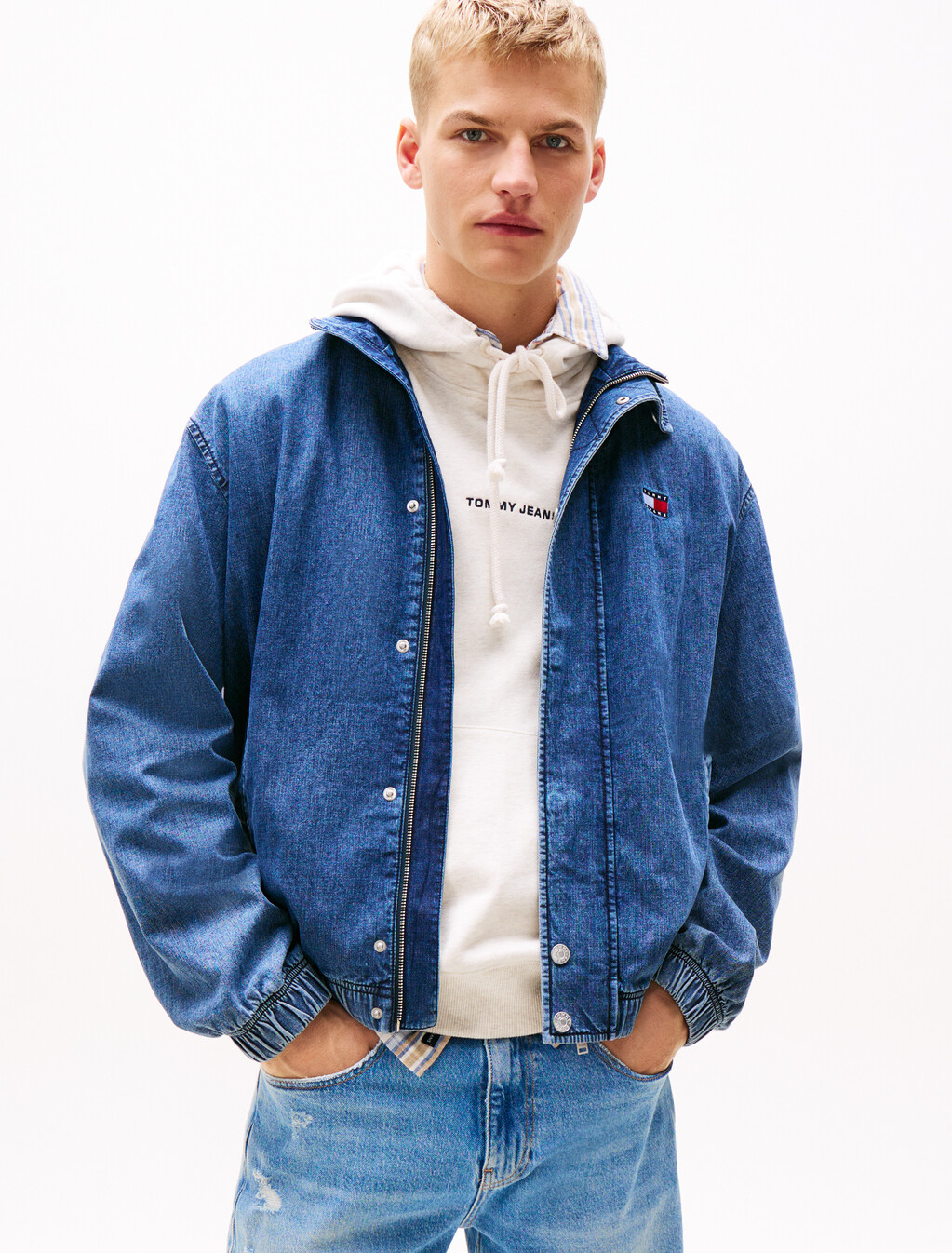 Chambray Logo Collar Jacket, Denim Medium 01, hi-res