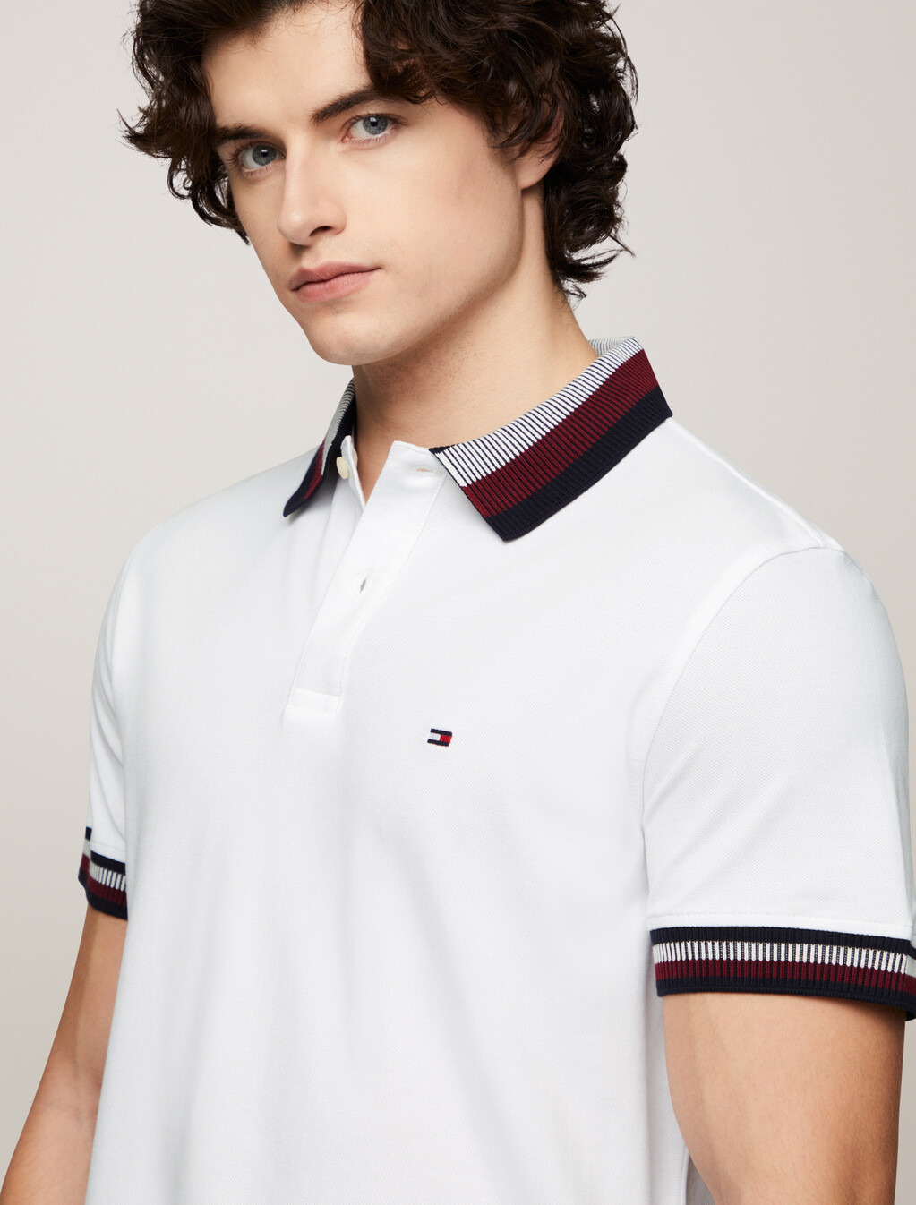Stripe Collar Polo, White, hi-res