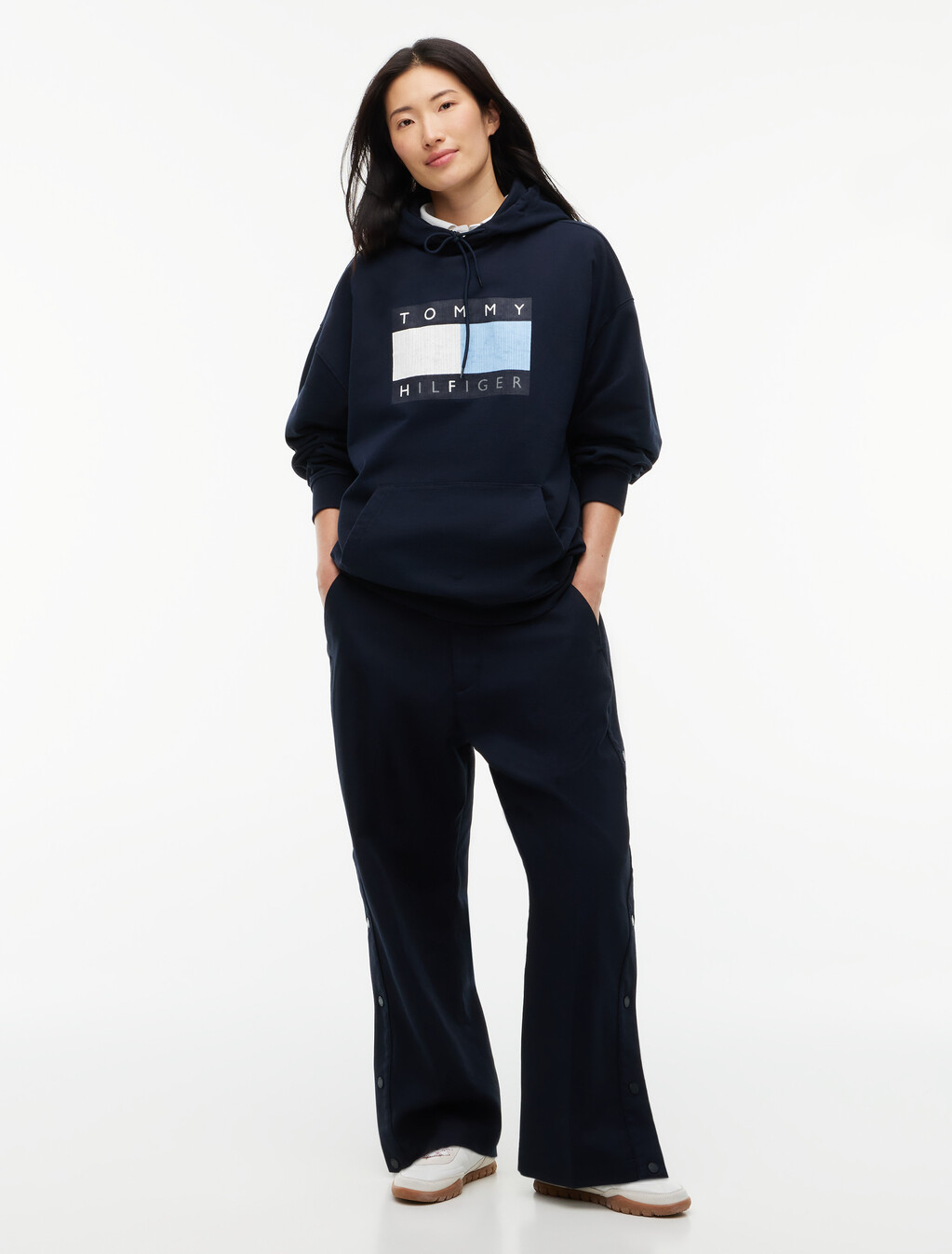 Washed Flag Logo Fleece Relaxed Hoody, Navy Blue, hi-res