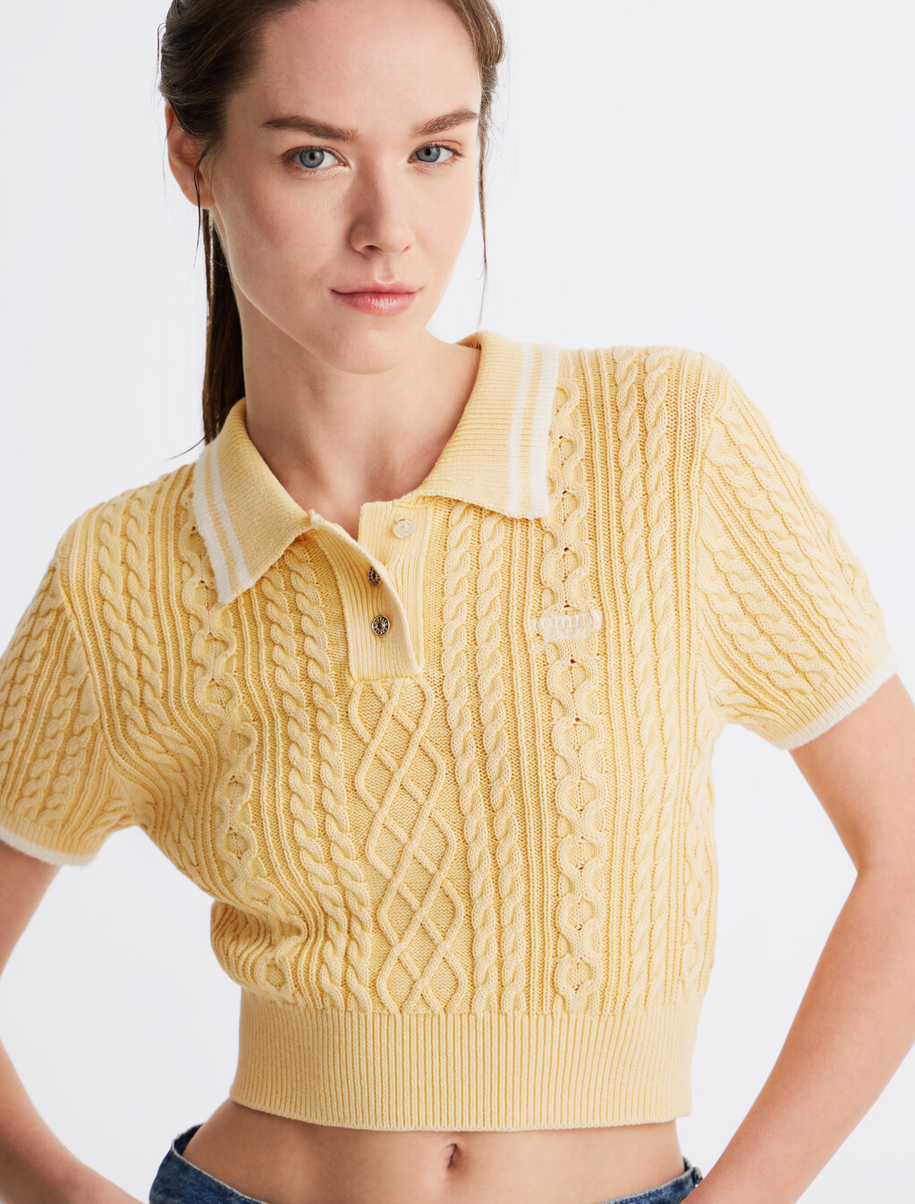Cable Knit Cropped Polo, Custard Cream, hi-res