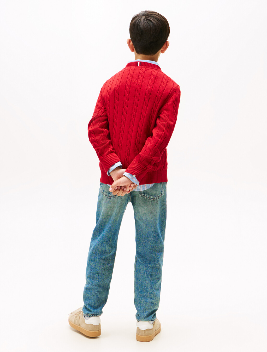 Cable Knit Crew Neck Jumper, Medium Red, hi-res