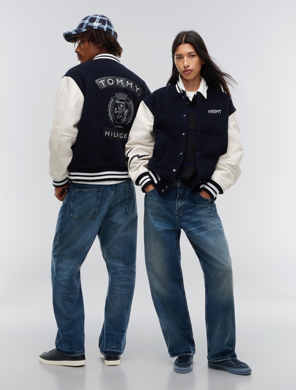 Tommy Hilfiger x FRGMT Pebble Grain Leather Varsity Jacket, Navy Blue / Ecru, hi-res
