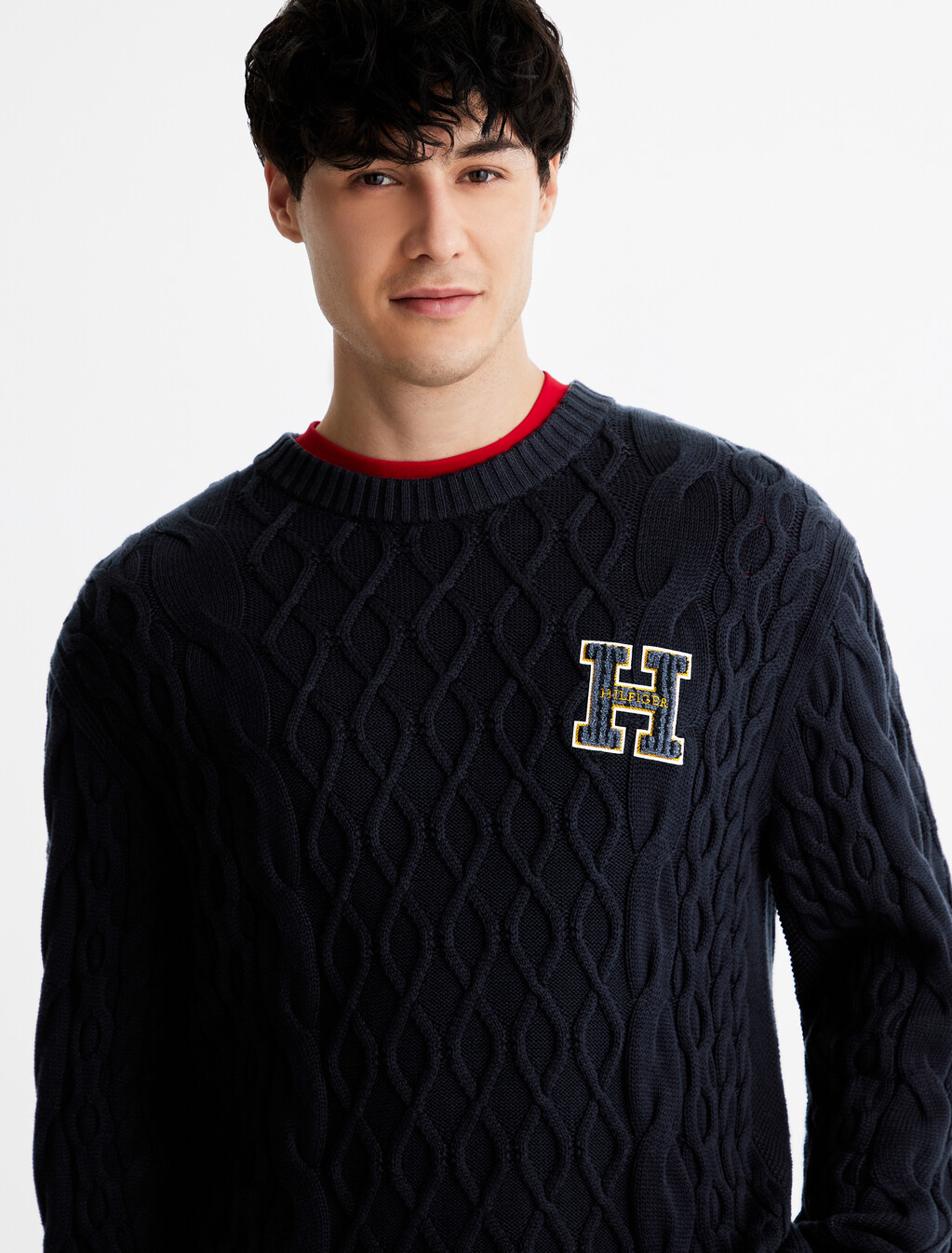 Cable Knit Letterman Applique Sweater, Desert Sky, hi-res