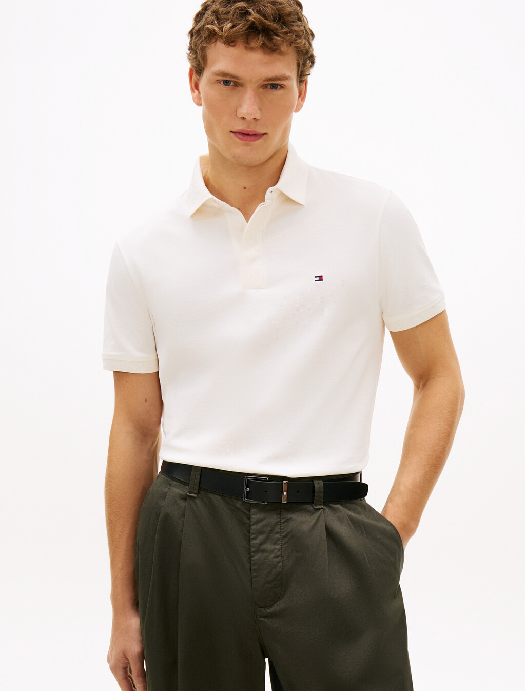 Regular Pique Jacquard Collar Polo Shirt, Ivory Petal, hi-res
