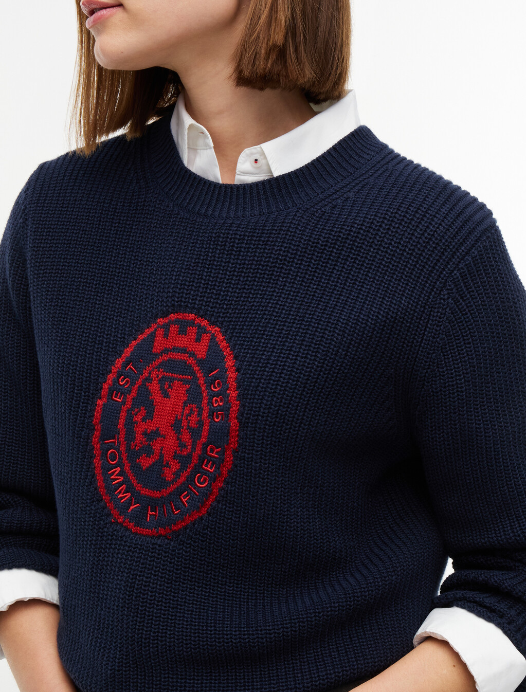 Intarsia Crest Crew Neck Jumper, Dark Blue, hi-res