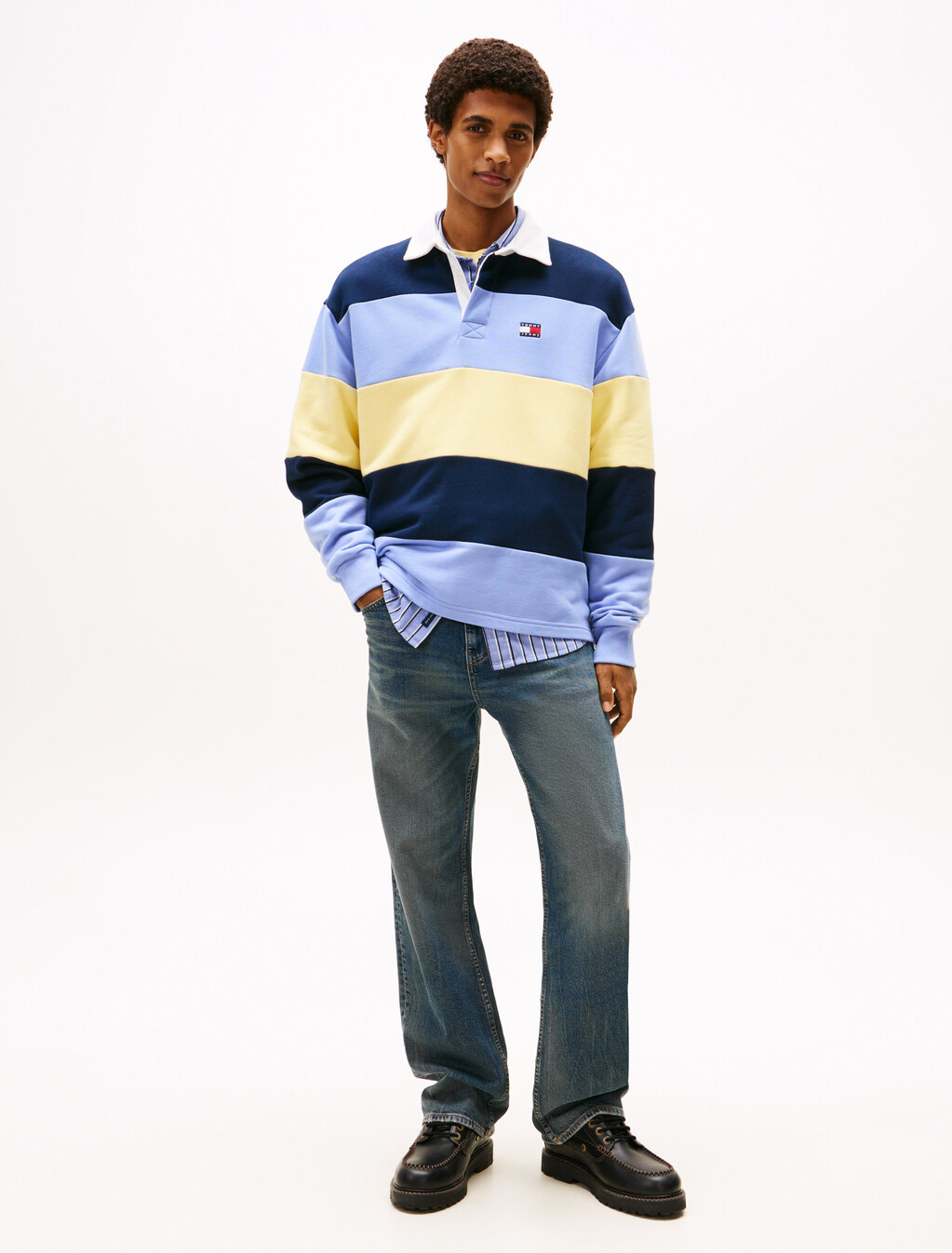 Tommy Badge Stripe Relaxed Rugby Shirt, D N Navy/Nordic Iris/Citronella, hi-res