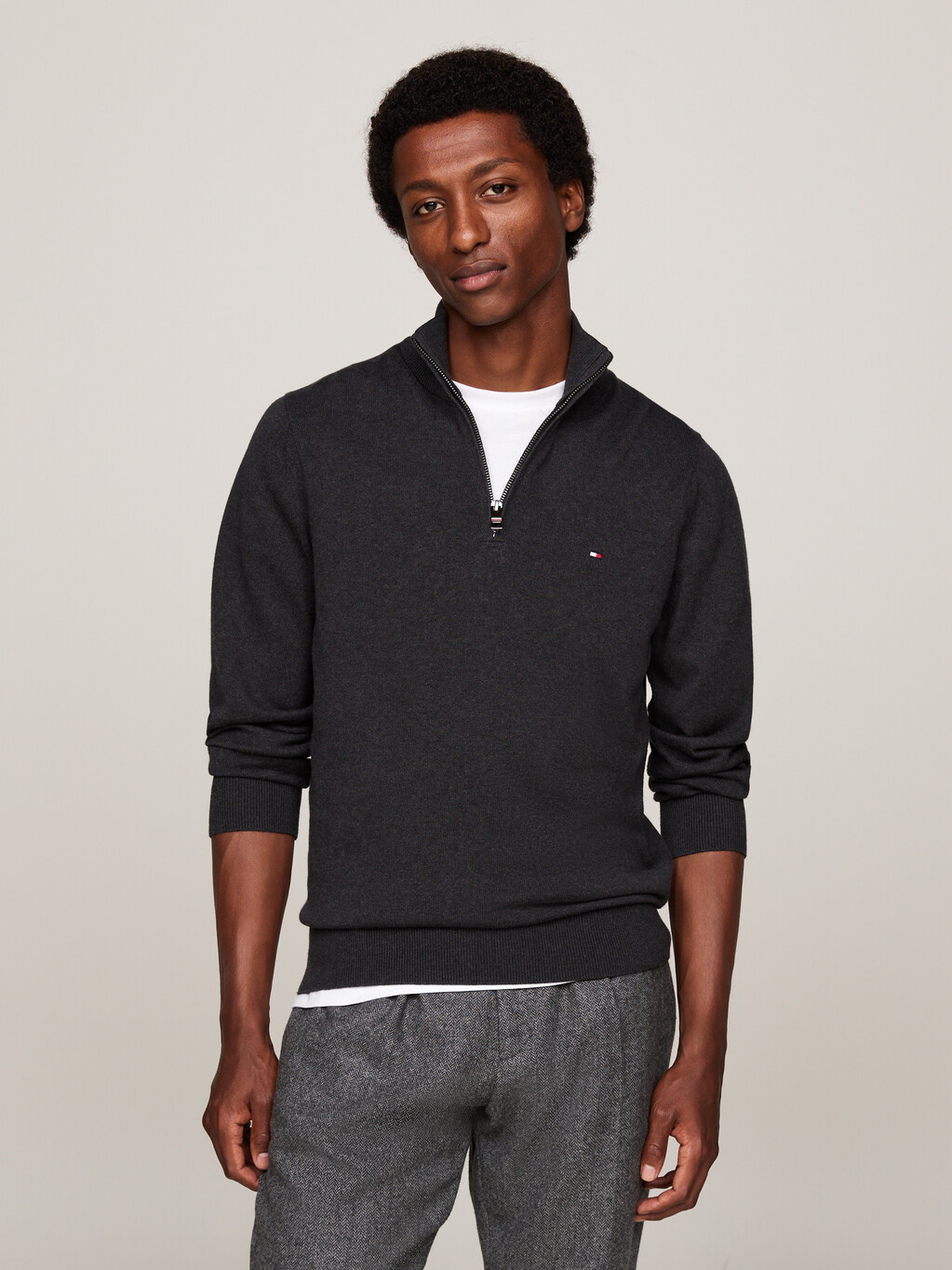 Zip-Neck Jumper, Dark Grey Heather, hi-res