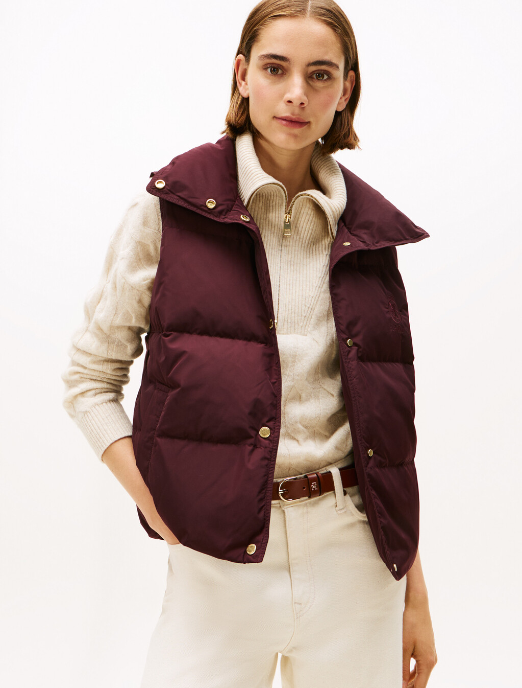 Crest Embroidery Down Vest, Deep Burgundy, hi-res