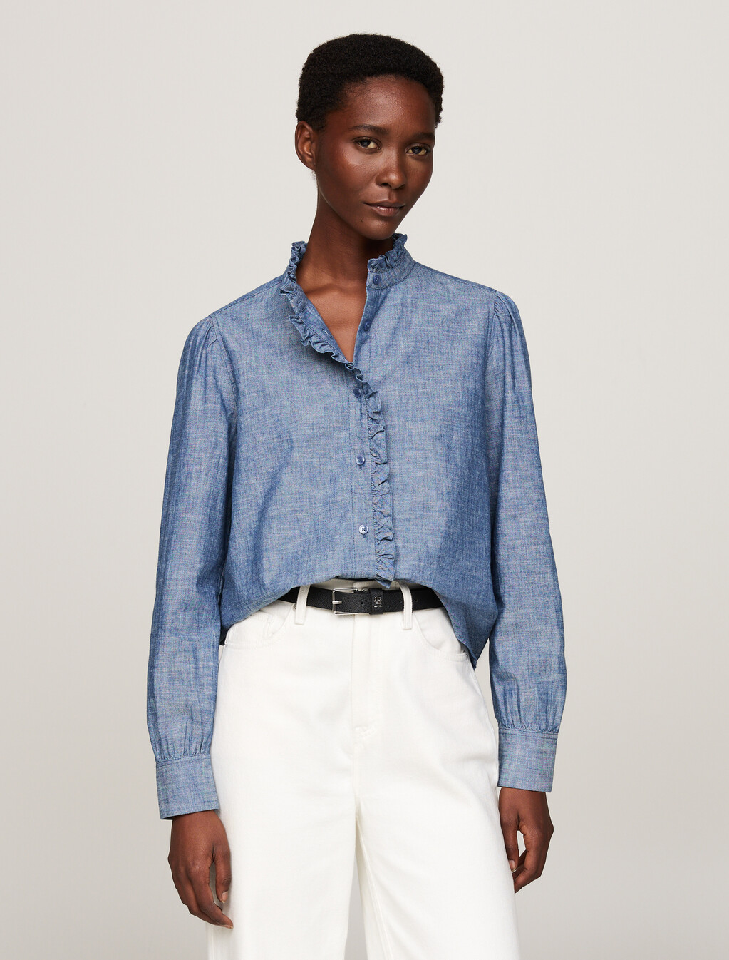 荷葉邊寬鬆青年布襯衫, Mid Blue Chambray, hi-res