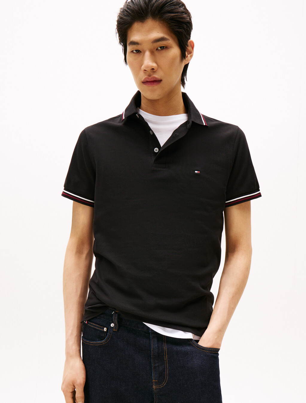 Tipped Slim Polo, Black, hi-res