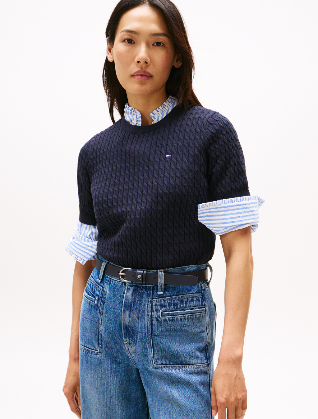 Stripe Slim Fit Short Sleeve Jumper, Navy Blue, hi-res