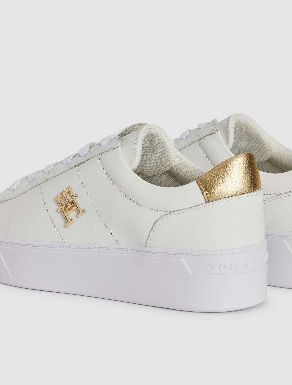 Leather Platform Court Trainers, White, hi-res