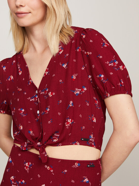 Mountain Floral Print Balloon Sleeve Cropped Blouse