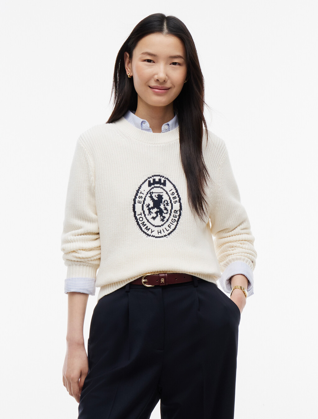 Intarsia Crest Crew Neck Jumper, Ivory Petal, hi-res