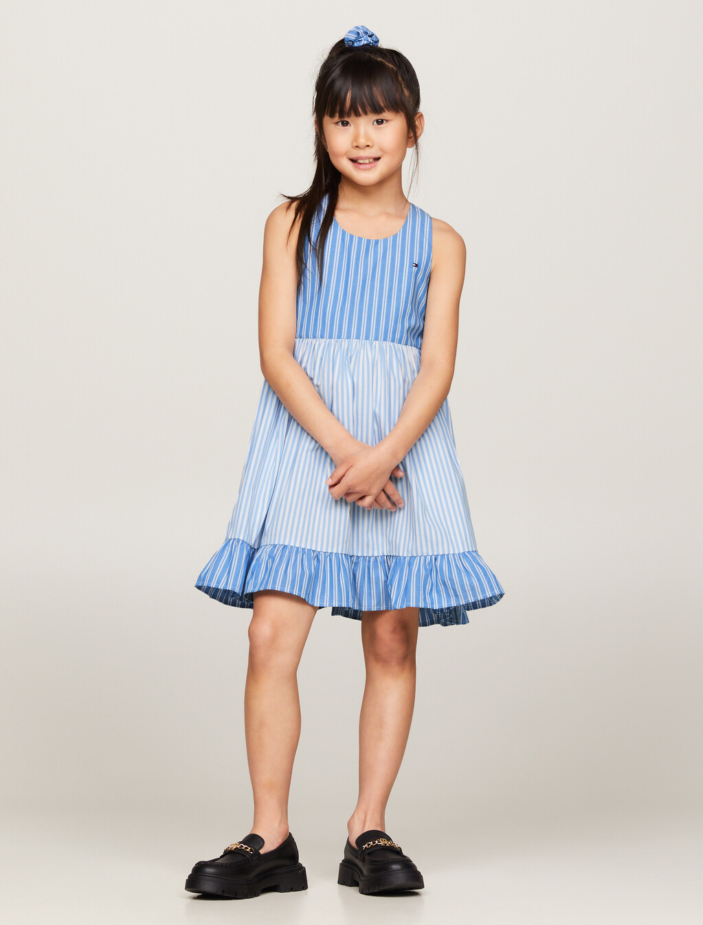 混合條紋工字背連身裙和髮圈套裝, Blue Spell Stripe / White, hi-res