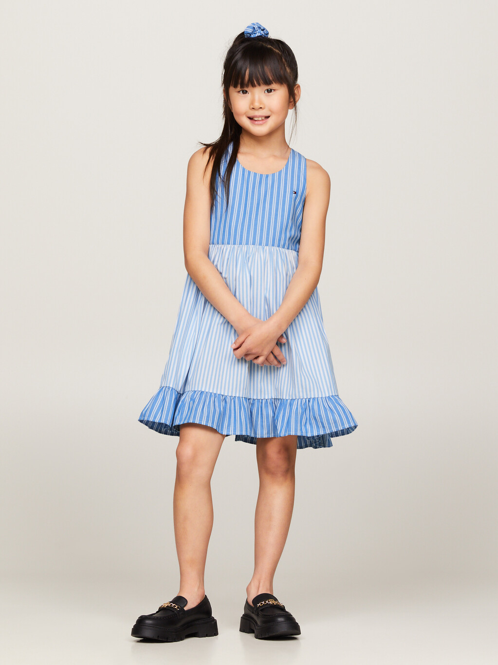 混合條紋工字背連身裙和髮圈套裝, Blue Spell Stripe / White, hi-res
