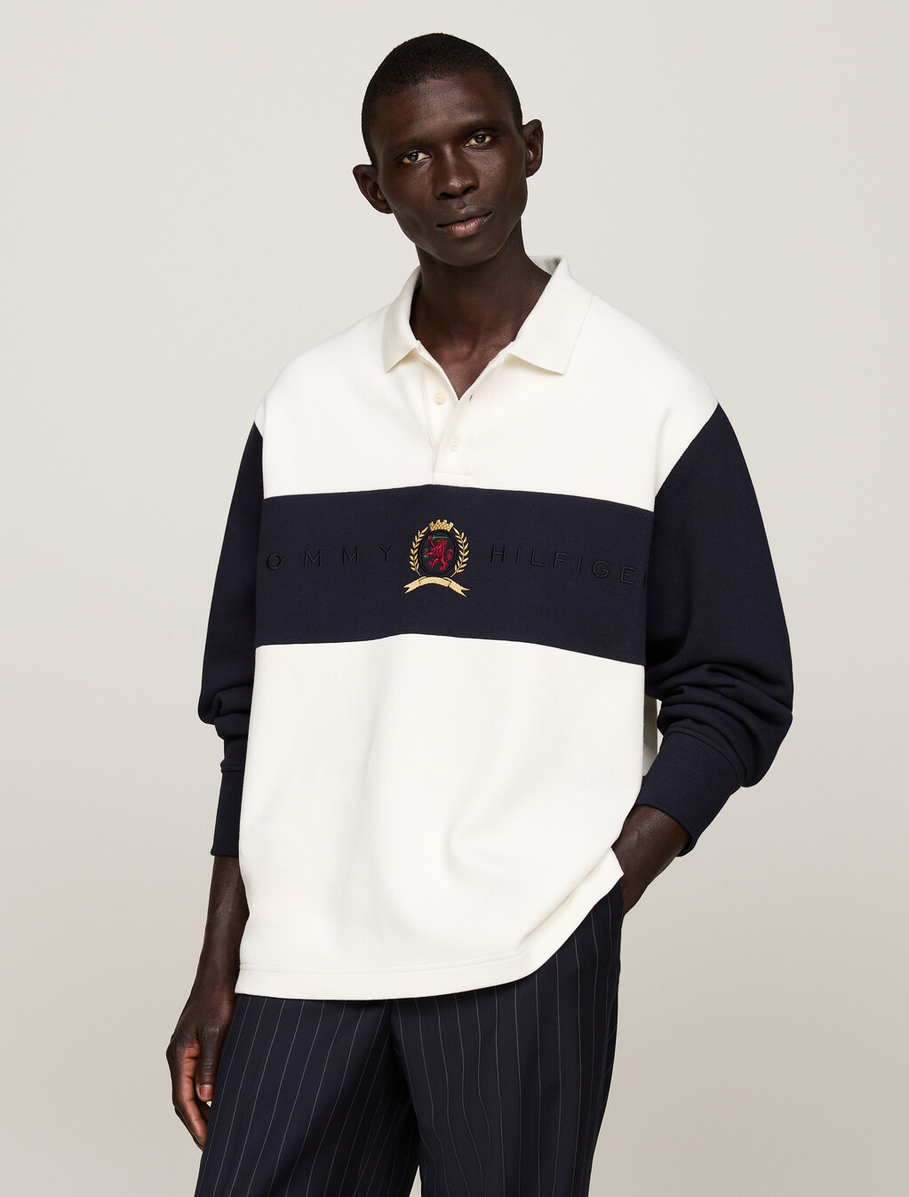 Crest Long Sleeve Boxy Polo Shirt, Ivory/Desert Sky/Regatta Red, hi-res