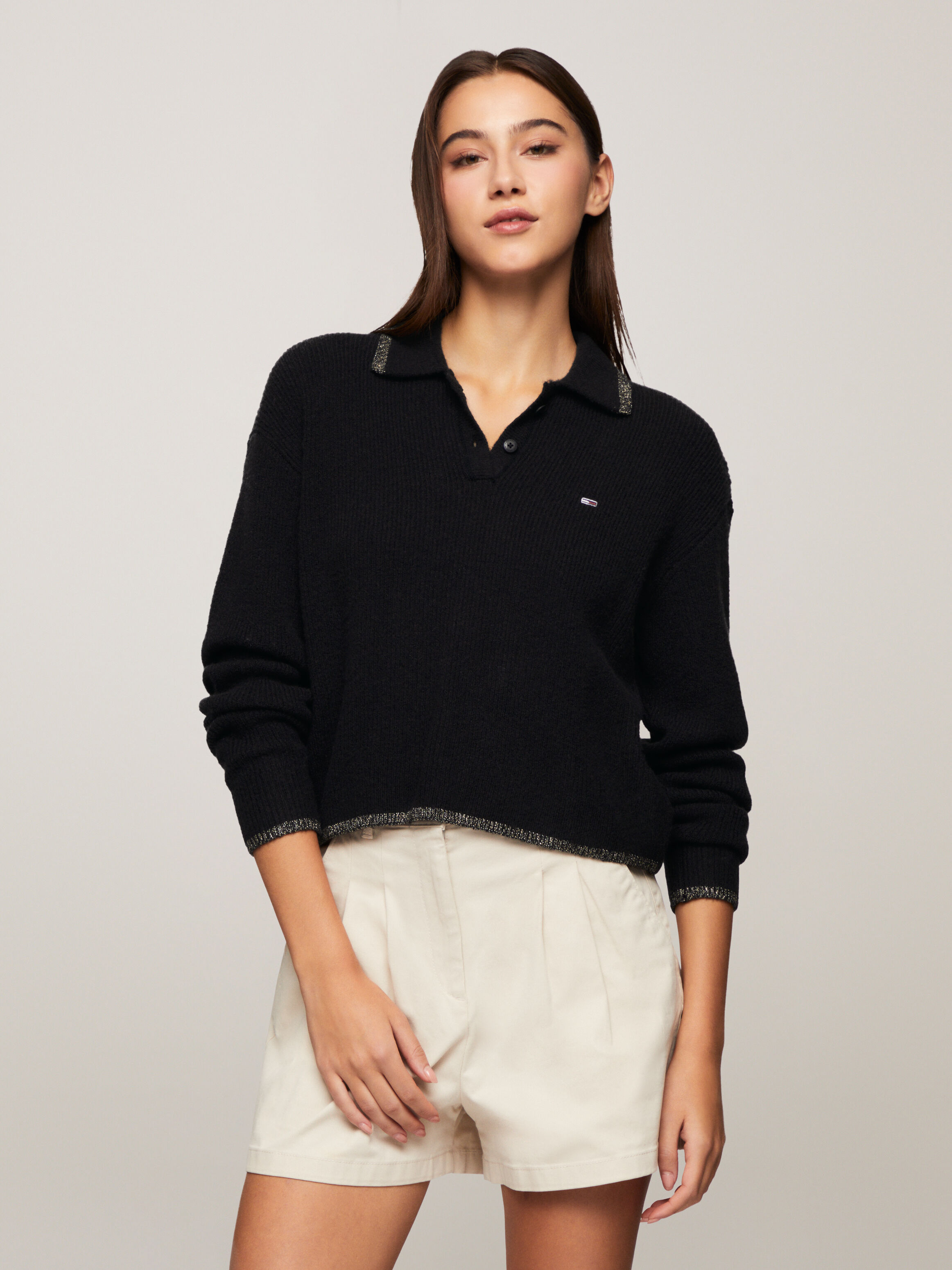 Glitter Trim Polo Sweater