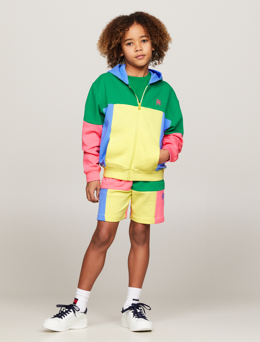 TH Monogram Colour-Blocked Sweat Shorts, Green/Yellow/Pink/Blue, hi-res