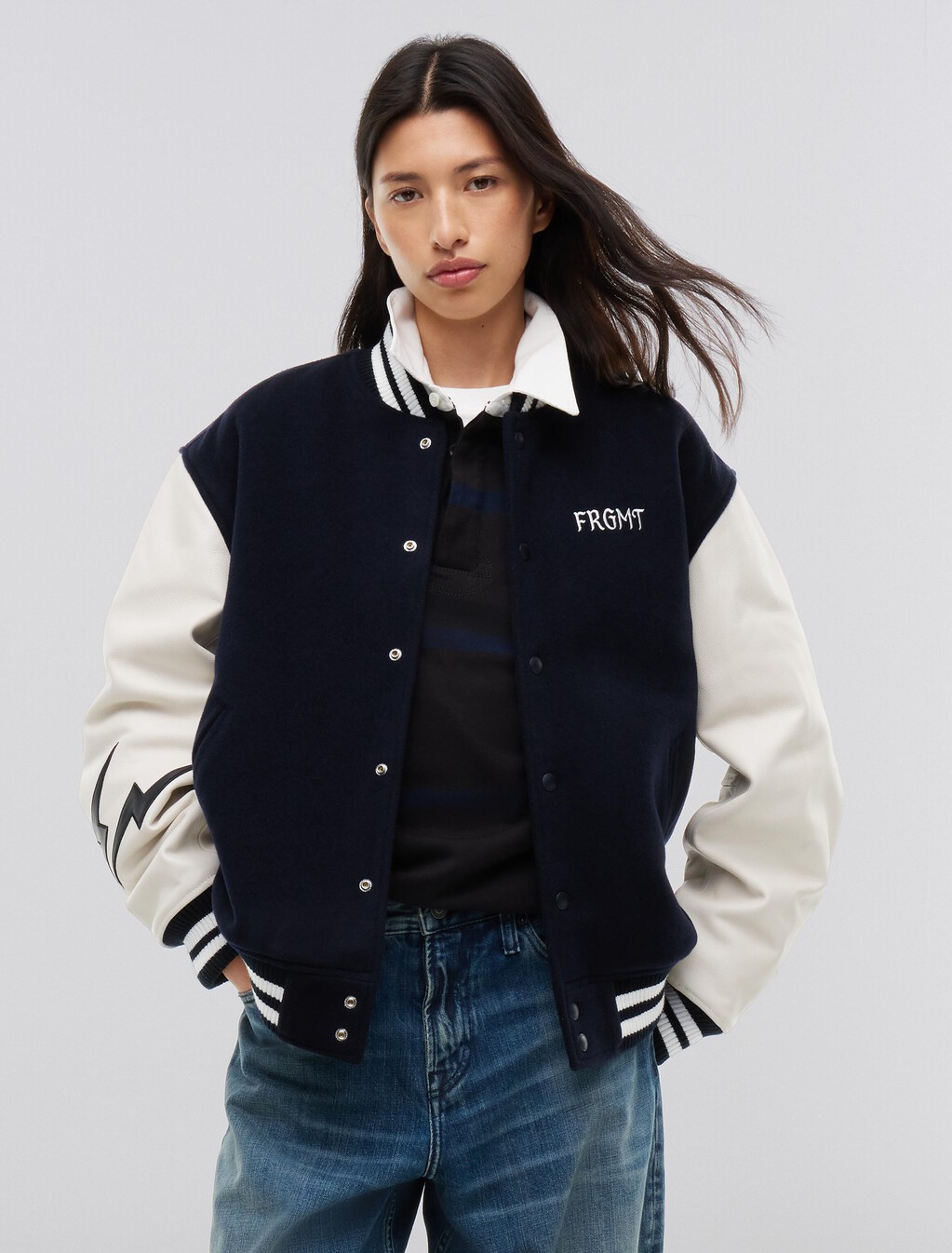 Tommy Hilfiger x FRGMT Pebble Grain Leather Varsity Jacket, Navy Blue / Ecru, hi-res