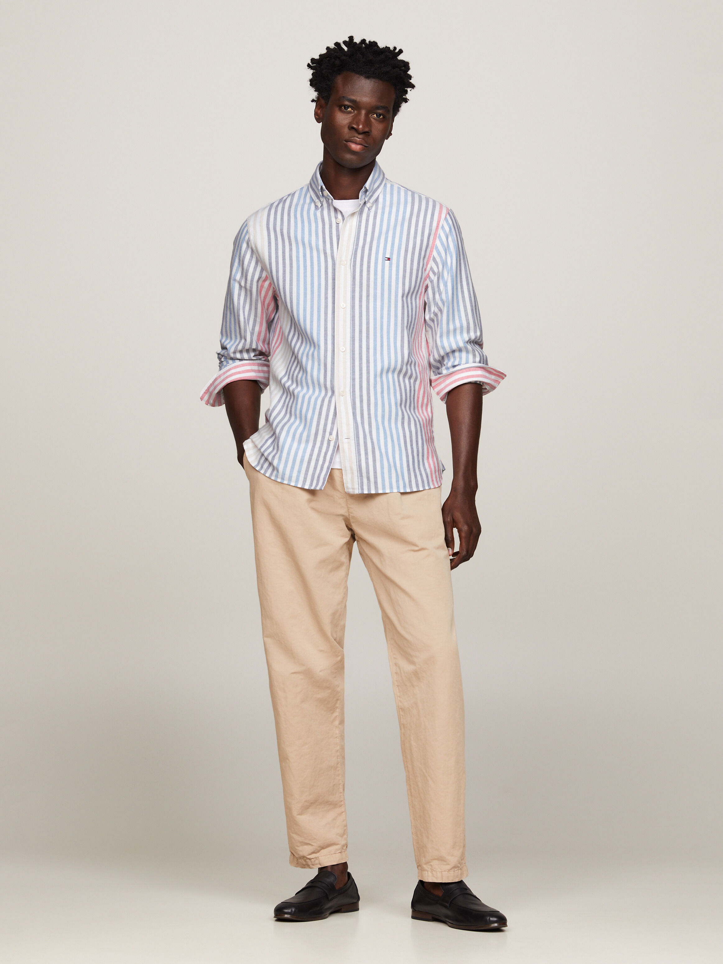 Khaki pants with red stripe sales