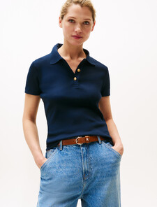 Gold-Tone Button Slim Polo Shirt, Dark Night Navy, hi-res