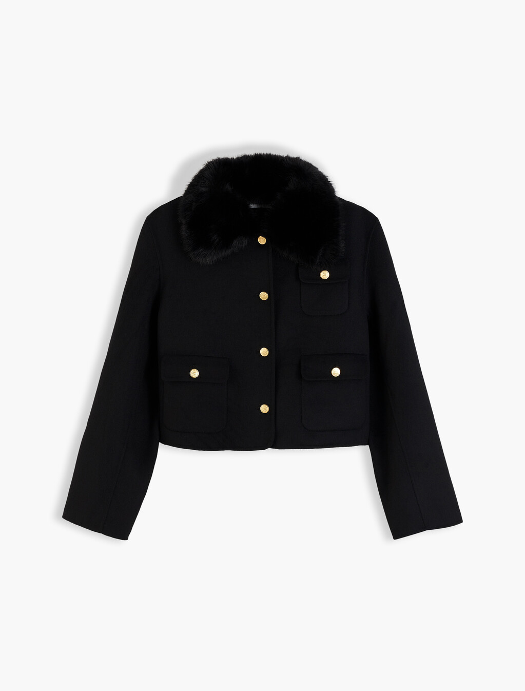 Faux Fur Collar Wool Blend Jacket, Black, hi-res