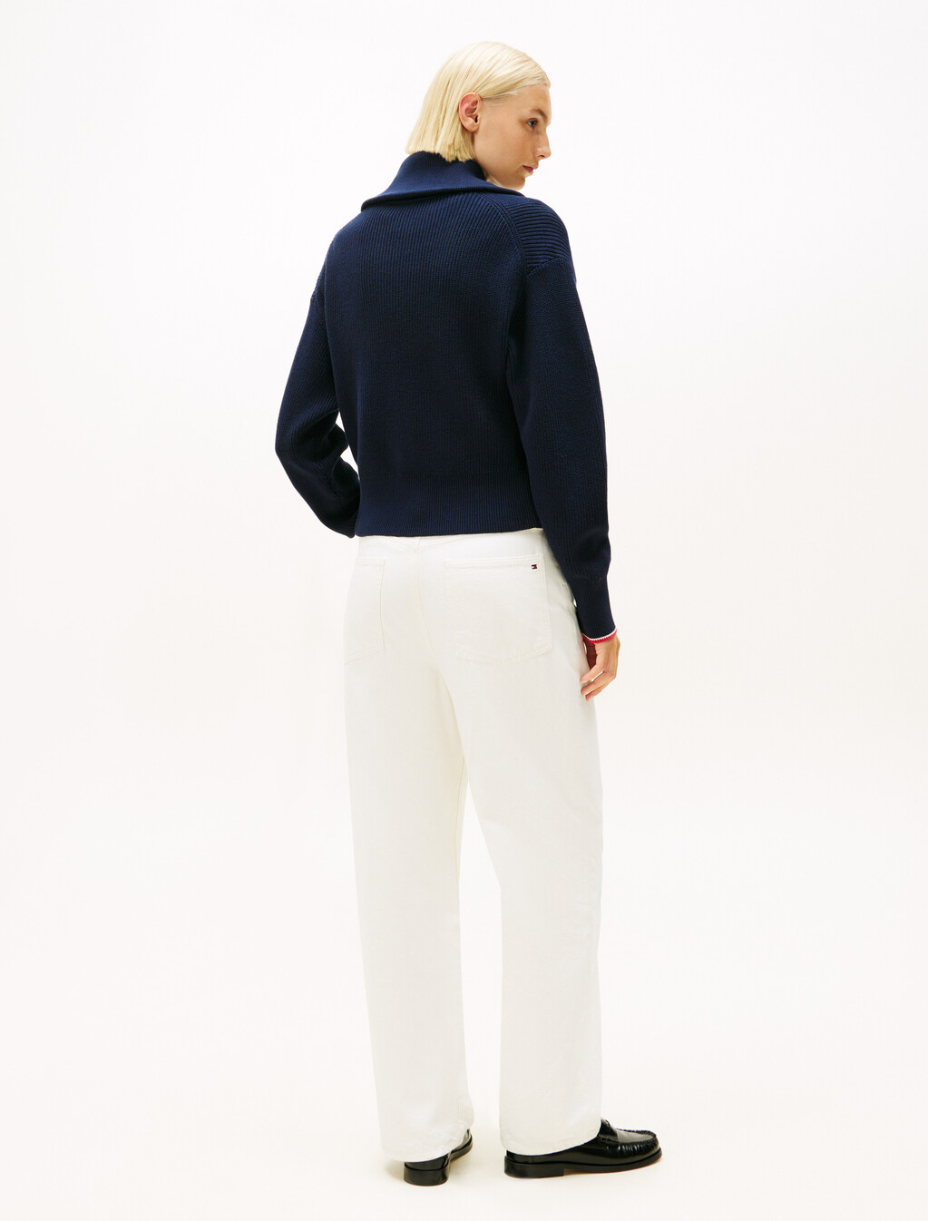 Double Zip Flap Collar Knit Cardigan, Dark Night Navy, hi-res