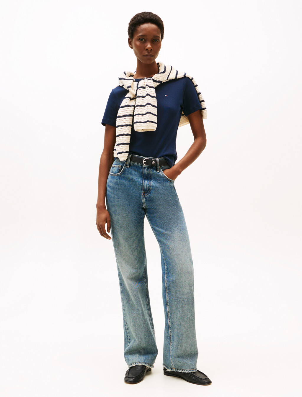 Flag Embroidery Ribbed Slim T-Shirt, Dark Night Navy, hi-res