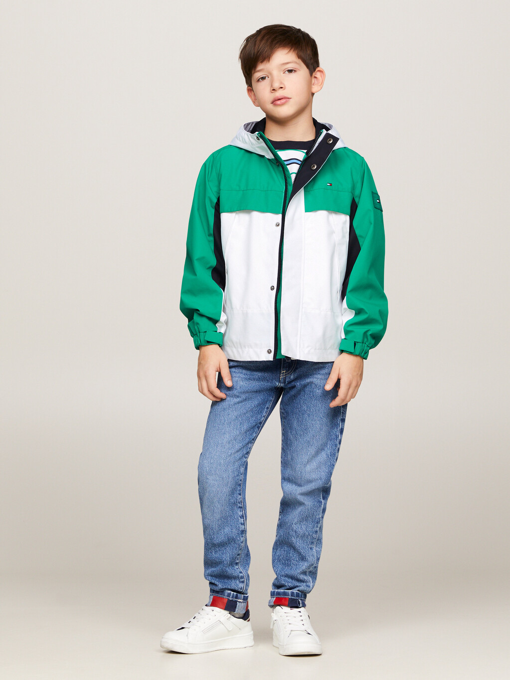 Colour-Blocked Hooded Jacket, Olympic Green/ White, hi-res