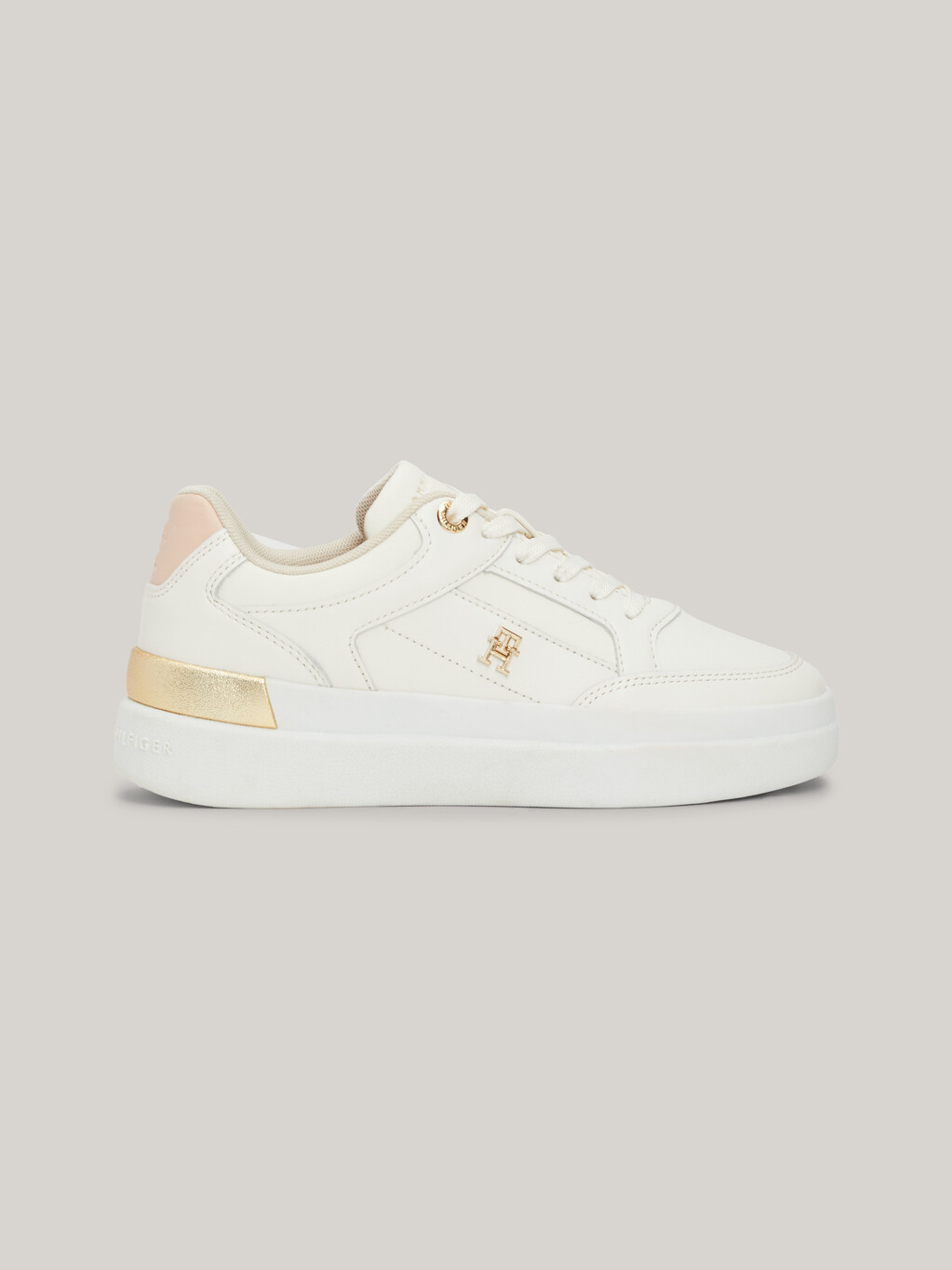 TH Monogram Metallic Leather Court Trainers, Ancient White, hi-res