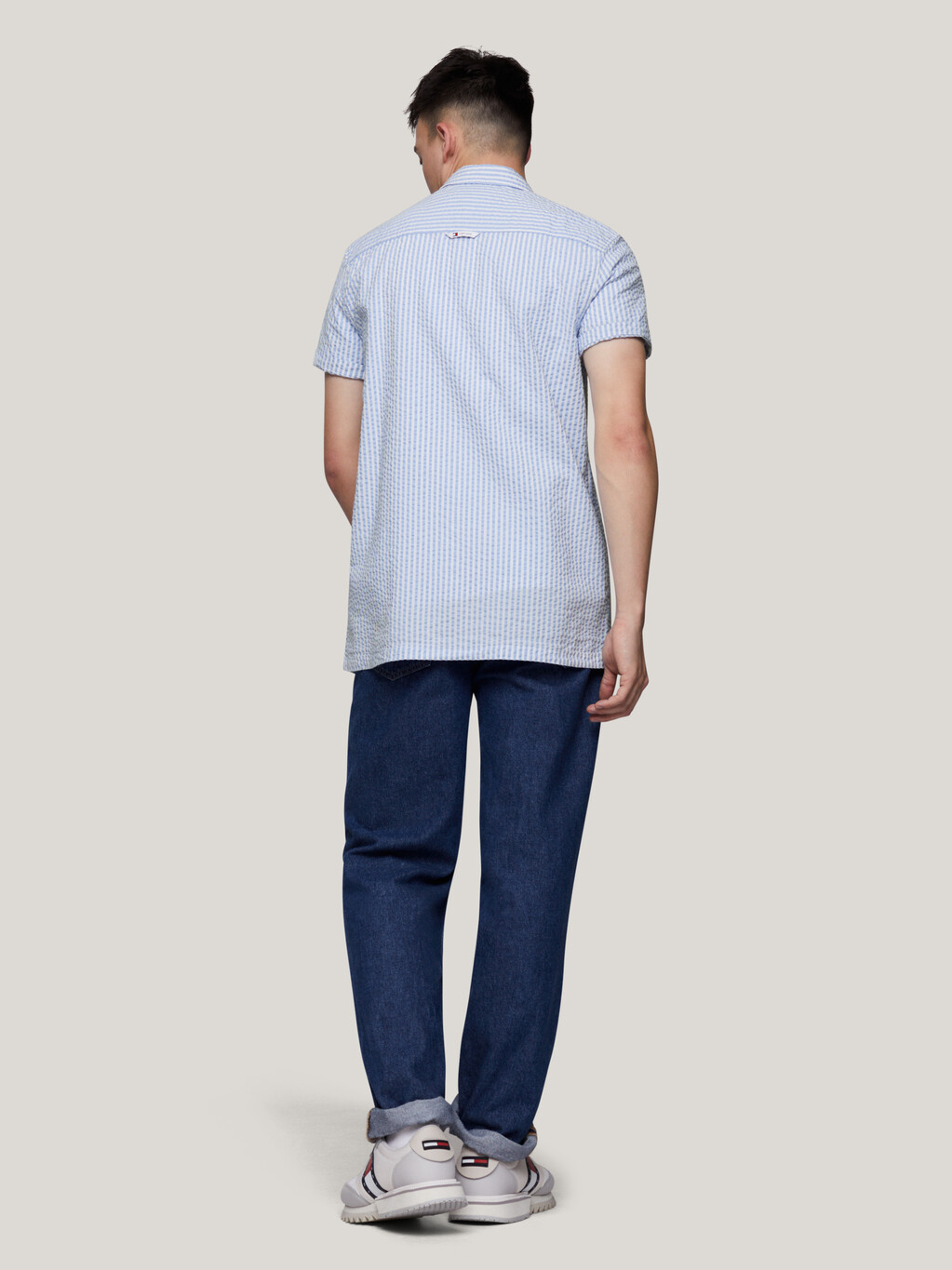條紋泡泡紗短袖襯衫, White / Moderate Blue, hi-res